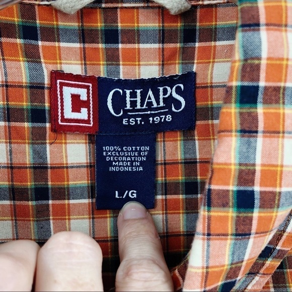 Chaps Men's Plaid Button Down Shirt Orange Size Large 100% Cotton Check Collared - Picture 13 of 15